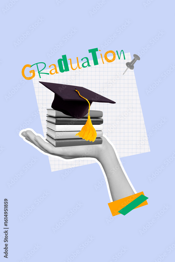 Obraz premium Image trendy art banner collage of human hand hold book stack master hat graduation degree student education finish sticker pin
