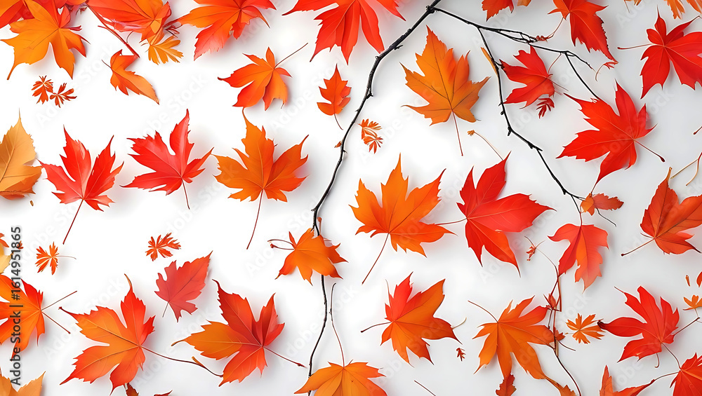 Fototapeta premium Vibrant Autumn Leaves Scattered on White Background Delicate Branches Evoke Seasonal Beauty