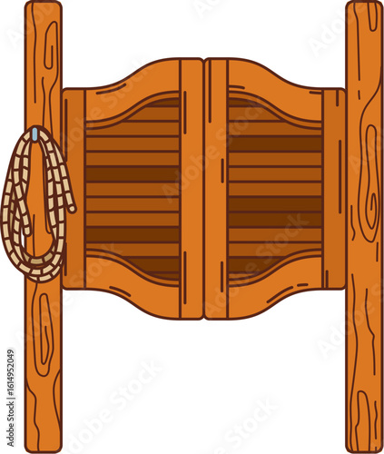 Cartoon groovy saloon doors for Wild West or Western cowboy bar, vector symbol. Saloon doors with rodeo lasso, Texas house and cowboy pub wooden doors in groovy cartoon for Wild West or Western rancho