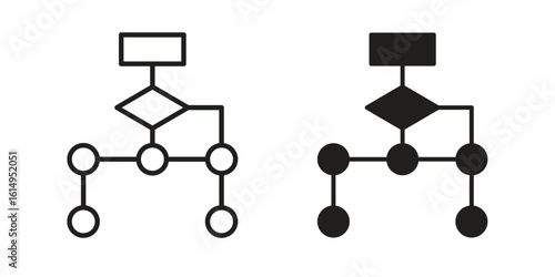 Flowchart icon set, line and black glyph style for food app website.