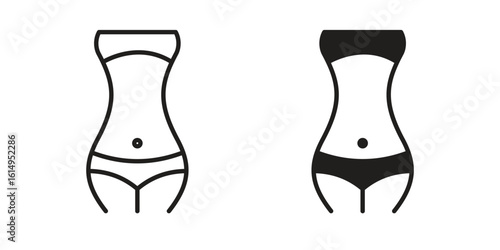 Female hips and waist icon set, line and black glyph style for food app website.