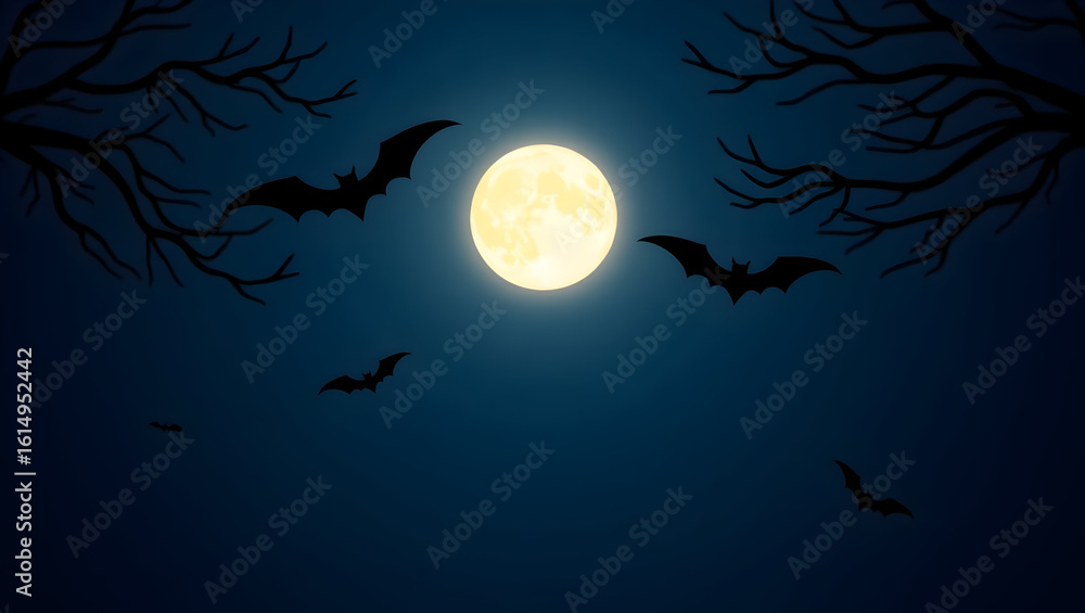 Fototapeta premium Halloween A glowing full moon dominates the center of a deep blue night sky, with black bats flying across and silhouettes(1)