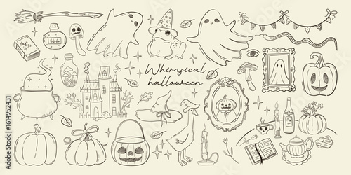 Set of cute whimsical sketch illustrations for halloween dinner party. Hand drawn autumn clip art for coquette card, poster design. Spooky magic collection, vector graphic