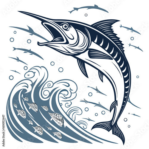 Majestic Marlin Leaping From Crashing Ocean Waves Amidst Small Fish