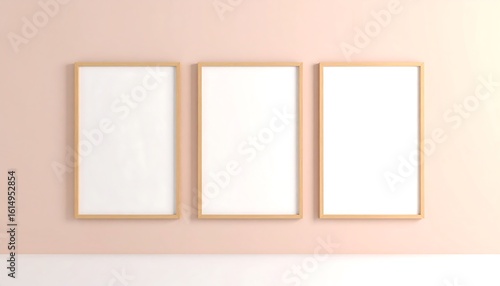 Three blank frames on a peach wall