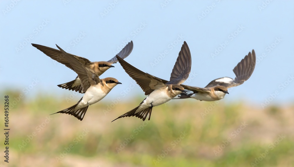 Obraz premium Three birds in flight against a light blue sky