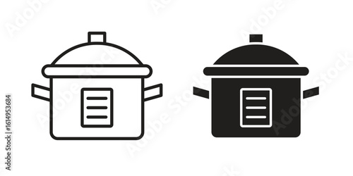 Crock pot icon set, line and black glyph style for food app website.