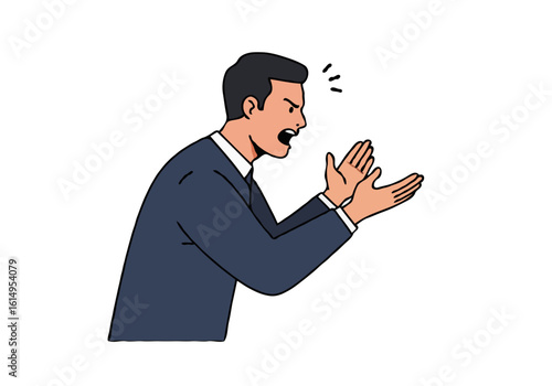 An animated depiction of a business professional displaying anger and frustration through gestures during a tense discussion. Perfect for themes of workplace conflict, emotions, and communication chal