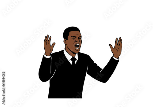 Illustration of a man in formal attire passionately expressing frustration with outstretched hands and visible emotion, showcasing dramatic gestures and intense feelings in a minimalistic style.