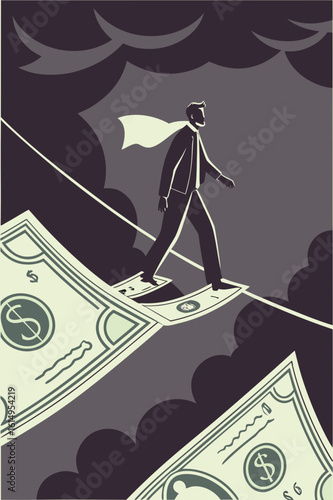 Businessman walking on a tightrope made of dollar bills 