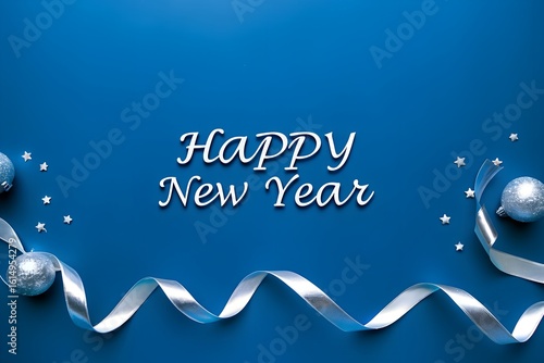 Minimalist Blue Happy New Year Background with Silver Ribbon and Christmas Ornament Decoration Design