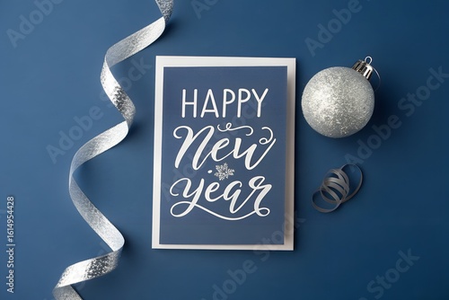 Minimalist Blue Happy New Year Background with Silver Ribbon and Christmas Ornament Decoration Design
