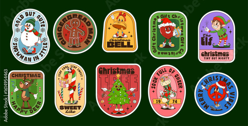 Christmas groovy label stickers with cartoon Xmas holiday characters. Vector retro Santa Claus, Christmas tree and gifts, groovy reindeer, candy, elf and heart. Hippie peace and bell patch stickers