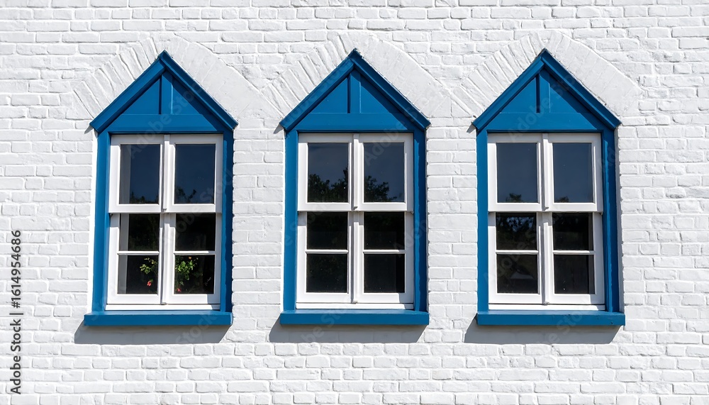 Three blue-framed windows on a white brick wall Three blue-framed windows on a white brick wall