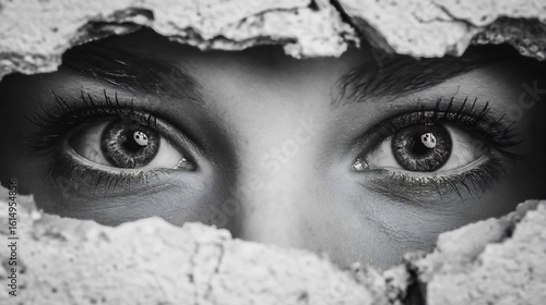 Eyes looking through broken wall crack intense black white emotion driven concept image