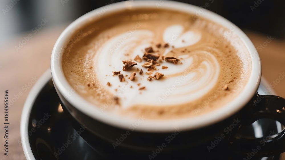 A steaming cup of latte with intricate foam art and a sprinkle of chocolate shavings A steaming cup of latte with intricate foam art and a sprinkle of chocolate shavings