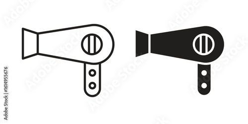 Blow dryer icon set, line and black glyph style for food app website.