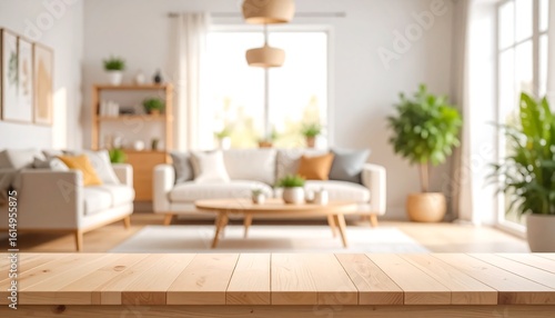 Blurred cozy living room with wooden table top