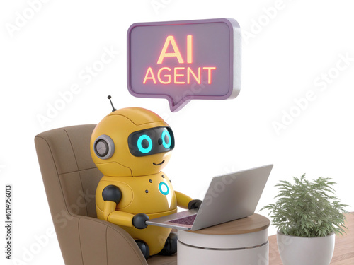 Friendly yellow robot ai agent working on a laptop in a comfortable chair isolated on transparent background