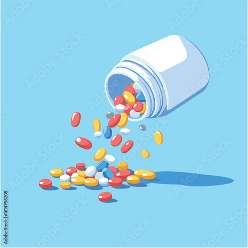 Pills spill from an isolated white medicine bottle, highlighting medication, health, and pharmaceutical care, vector style simple color