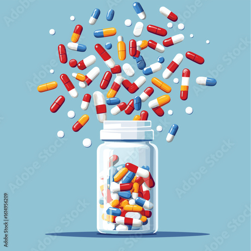 Pills spill from an isolated white medicine bottle, highlighting medication, health, and pharmaceutical care, vector style simple color