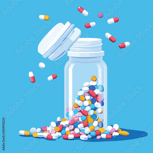 Pills spill from an isolated white medicine bottle, highlighting medication, health, and pharmaceutical care, vector style simple color