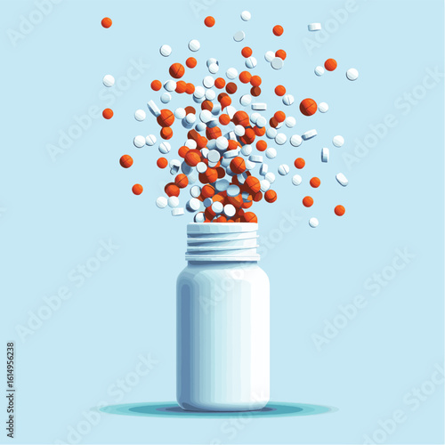 Pills spill from an isolated white medicine bottle, highlighting medication, health, and pharmaceutical care, vector style simple color