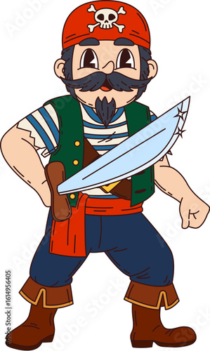 Retro cartoon groovy sailor, pirate and corsair character holds gleaming saber. Isolated vector skipper or sea boatswain filibuster personage with bandana and happy grin ready for fight and adventures
