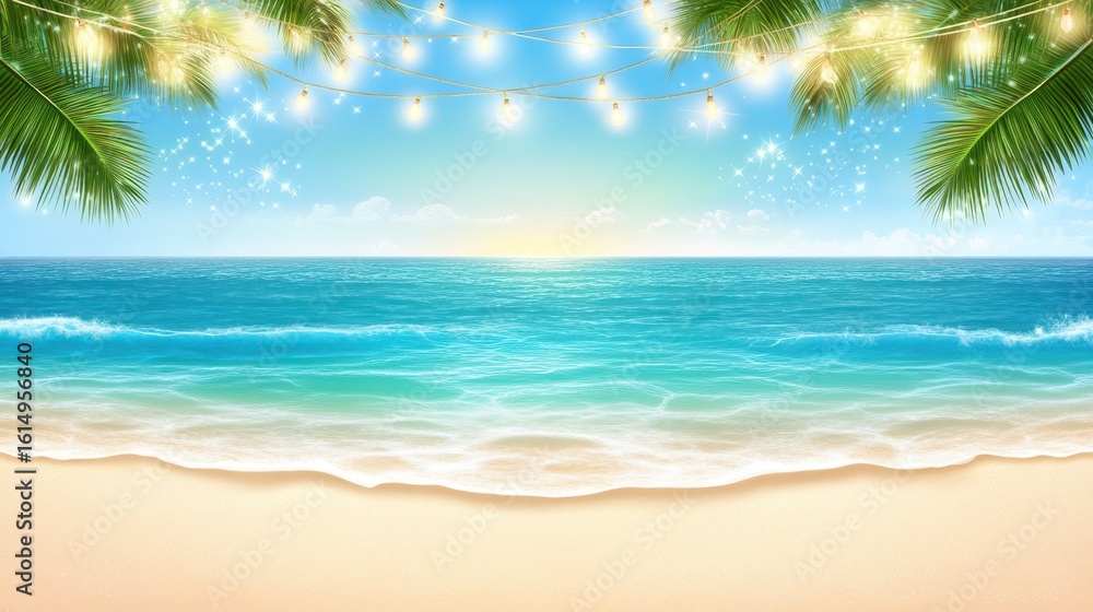 Obraz premium Tropical Beach Sparkle: A sun-kissed beach scene is framed by palm fronds and twinkling lights, creating a festive tropical paradise perfect for vacation or relaxation.