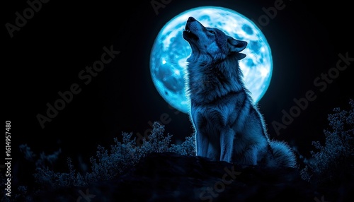 Lone wolf howls at a bright, blue moon in the dark night sky. Perfect for fantasy, nature, or wild animal themed projects.