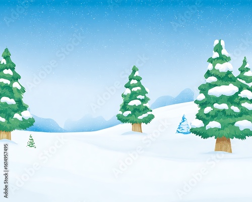 Cartoon snowy landscape with evergreen trees
