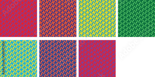 a vibrant set of 7 seamless geometric patterns inspired by the spectrum of the rainbow. Each design features a bold cross-like motif placed diagonally.