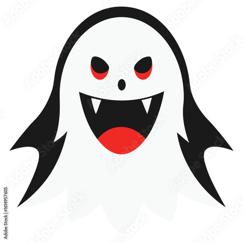 Vector art of a friendly cartoon ghost with red eyes and a big smile is isolated on white background