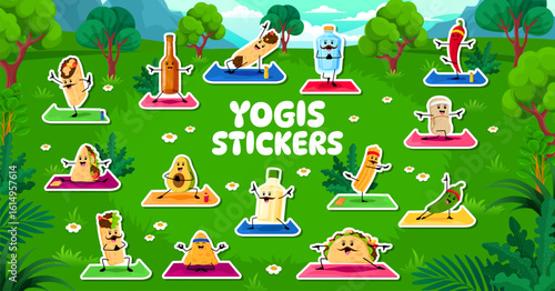 Cartoon mexican cuisine characters on yoga fitness sport, stickers pack. Mexican burrito, guindilla, churro and enchilada, nacho chip, pulque, quesadilla and tamale characters on yoga vector stickers