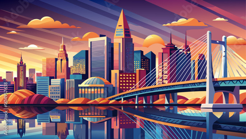 The Tobin Bridge, Zakim Bridge and Boston skyline panorama at sunset glow beneath golden skies. Semi-realistic vector style captures reflections, graceful structures, and the city's vibrant energy.