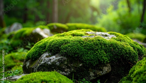 Lush green moss thickly covers a stone in a sun-dappled forest
