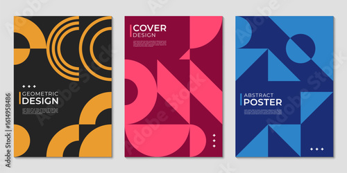 Poster with abstract geometric Bauhaus shapes. Corporate posters or flyers layouts. Business company banner templates with Bauhaus shapes graphic pattern, yellow, pink and blue geometric abstract form