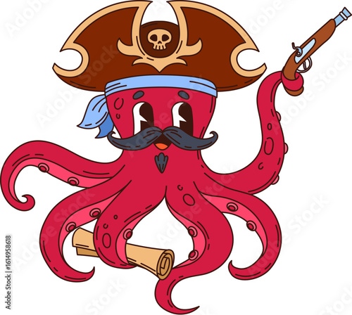 Cartoon groovy octopus pirate animal character. Isolated vector funny kraken captain personage brandishing gun and holding map scroll in its tentacle, ready for nautical adventure on the high seas