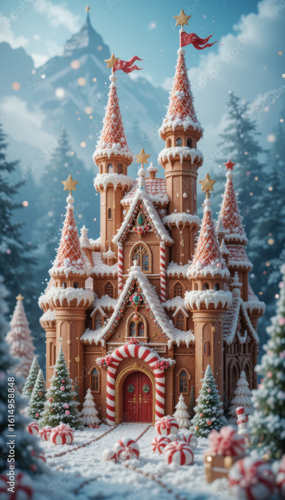 Fototapeta premium Whimsical gingerbread castle in a snowy winter wonderland forest