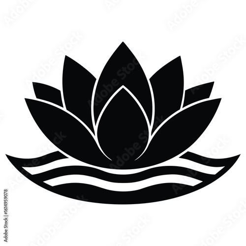 Vector art of a black lotus flower with water waves isolated on white background represents purity and beauty