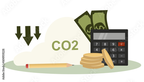 Calculator with CO2 cloud, money, and coins isolated on transparent background. carbon tax calculations, environmental cost, and emissions financial planning. Cabon footprint. Vector illustration