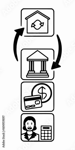 Minimilist diagram showing the process of refinancing a home loan with a bank and financial calculation vector