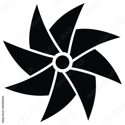 Vector art of a black pinwheel with eight sails is isolated on white background, creating a playful design