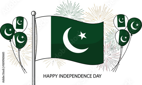 Pakistan flag with balloons and fireworks
