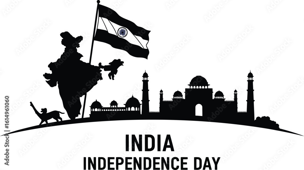 Obraz premium India independence day silhouette with flag and taj mahal