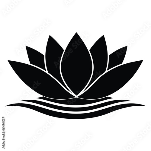 Vector art of a black lotus flower with water waves isolated on white background is a symbol of enlightenment