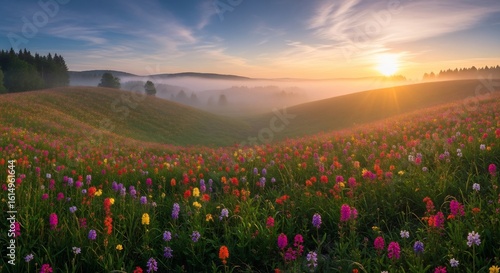 A scenic landscape view of a colorful wildflower meadow at sunrise with fog rolling through the distant hills.