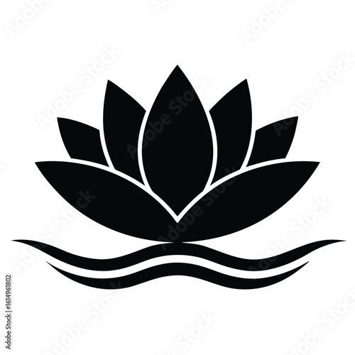 Vector art of a black lotus flower with water waves isolated on white background is a symbol of peace