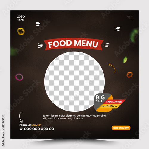 Delicious Food Menu Social Media Template with Offer Tag, Editable Restaurant Food Menu Design for Instagram Post, Modern Food Menu Banner Template for Online Promotion, Special Offer Restaurant Menu