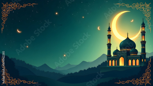 islamic background eid milad un nabi dark night with border sides right side mosque moon left space layout
